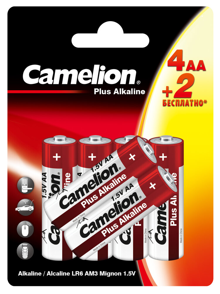 Camelion Plus Alkaline 15308, щелочные батарейки, AA, LR6, 1.5 v, 6 штук в упаковке