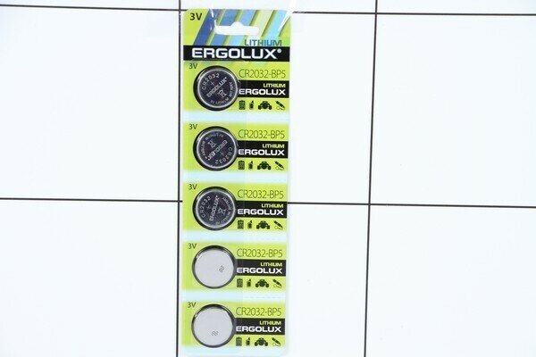 Батарейка Ergolux, CR2032, литиевая, 500 мА/ч, блистер, 5 штук — фото 1