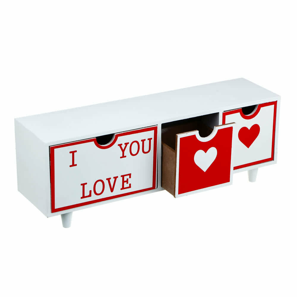 Шкатулка с сердечками, 3 отделения, 39x10x14 см, МДФ, дерево, белая