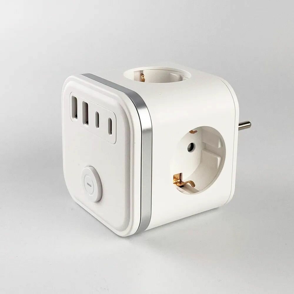 Тройник разветвитель Евро 7 в 1 с 2 USB портами и 2 Type-C, белый — фото 1