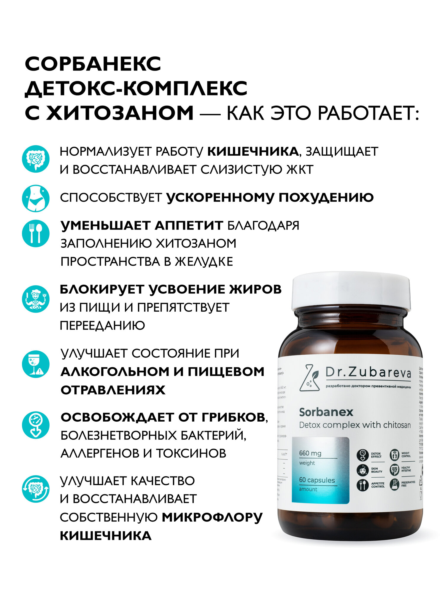 Сорбанекс с хитозаном 85% Dr. Zubareva детокс - комплекс жиросжигатель для похудения и блокатор аппетита, 60 капсул — фото 1