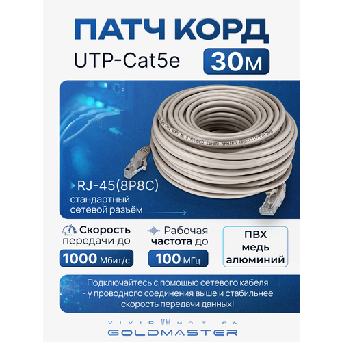 фото Патч корд 30 м голд мастер utp 5е rj45 интернет кабель 30 метров lan сетевой ethernet патчкорд серый (na102--30m), контакты blade с позолотой 03fu vivid vm motion goldmaster