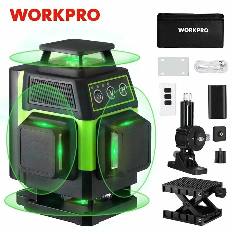 Лазерный нивелир WORKPRO Зеленыйлуч  от аккумулятора  зеленый луч
