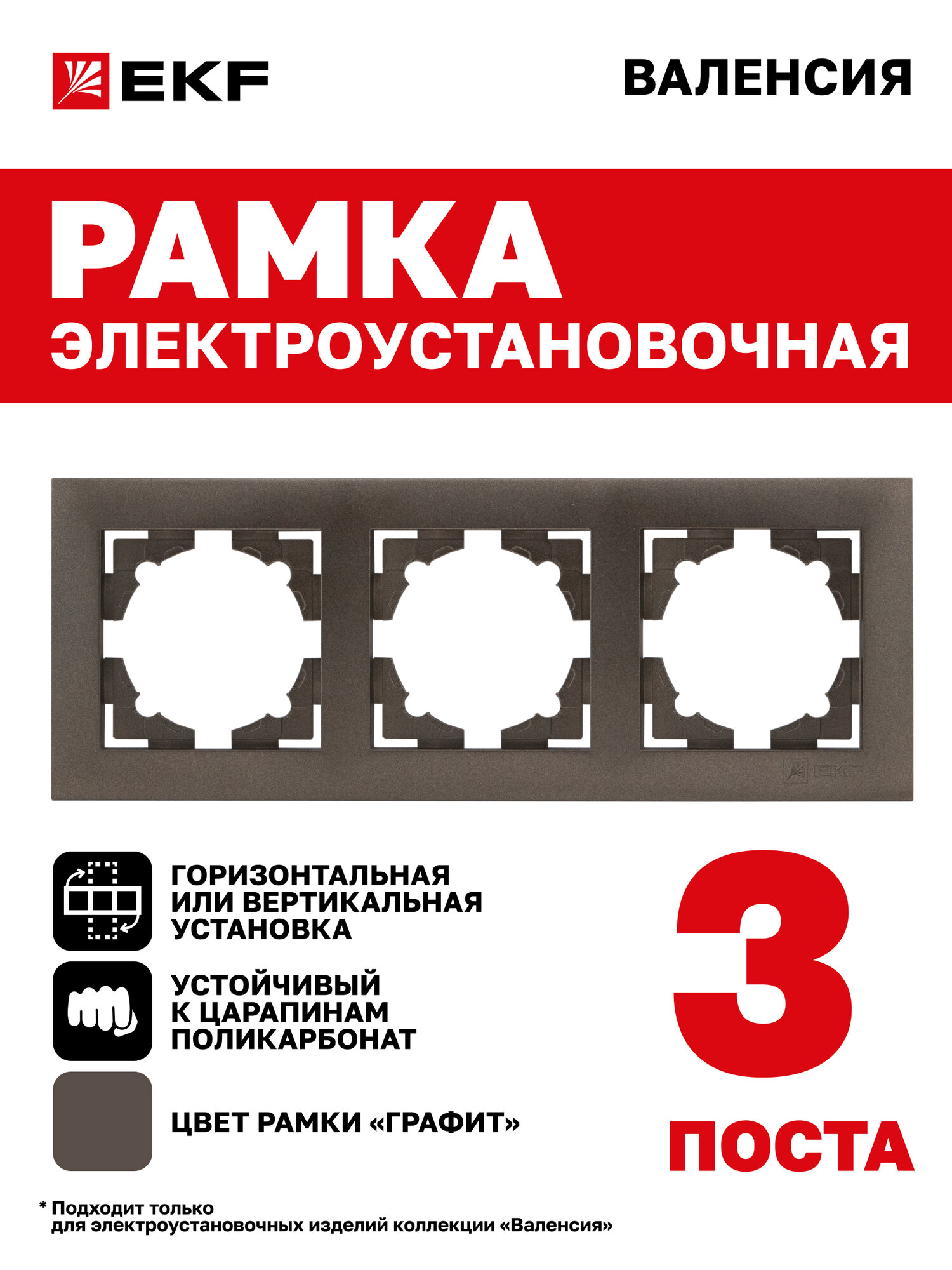 Рамка электроустановочная EKF PROxima для розеток выключателей трехместная (3 поста) коллекции Валенсия