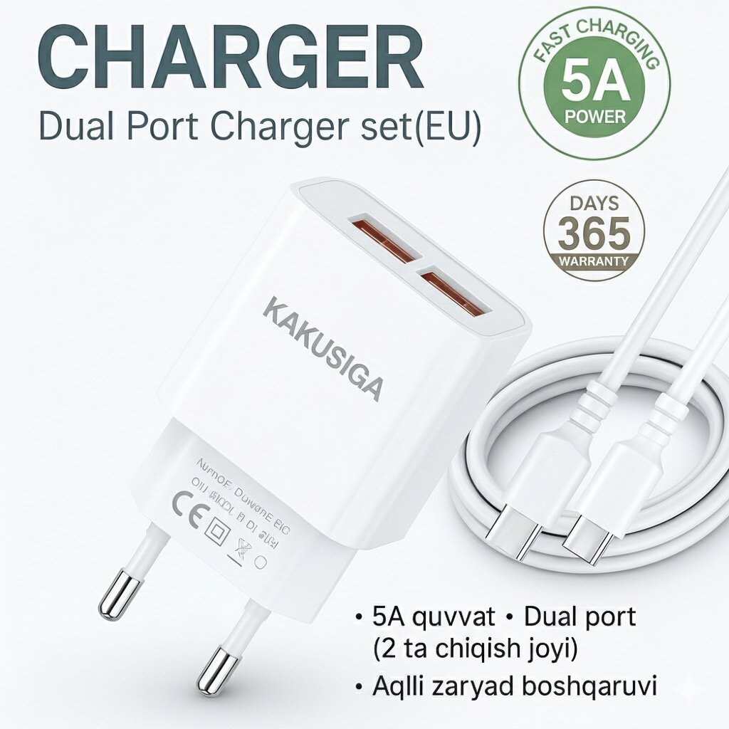 Адаптер KAKUSIGA, для быстрой зарядки, с кабелем, Micro USB, 2 порта, белый