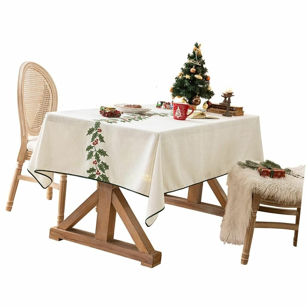 Скатерть с вышивкой и зеленой каймой из полиэстера и льна 140*220cm