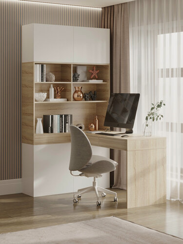 Изображение товара Стол компьютерный со стеллажом и ящиками Click, белый/сонома, 120х155х214 см