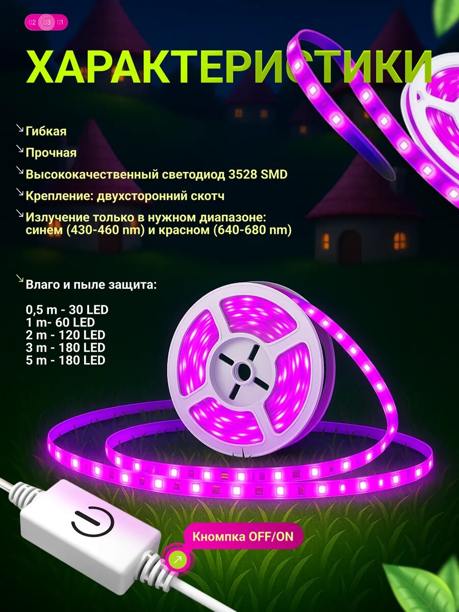 Фитолента для растений и рассады с кнопкой и адаптером 5 м — фото 1