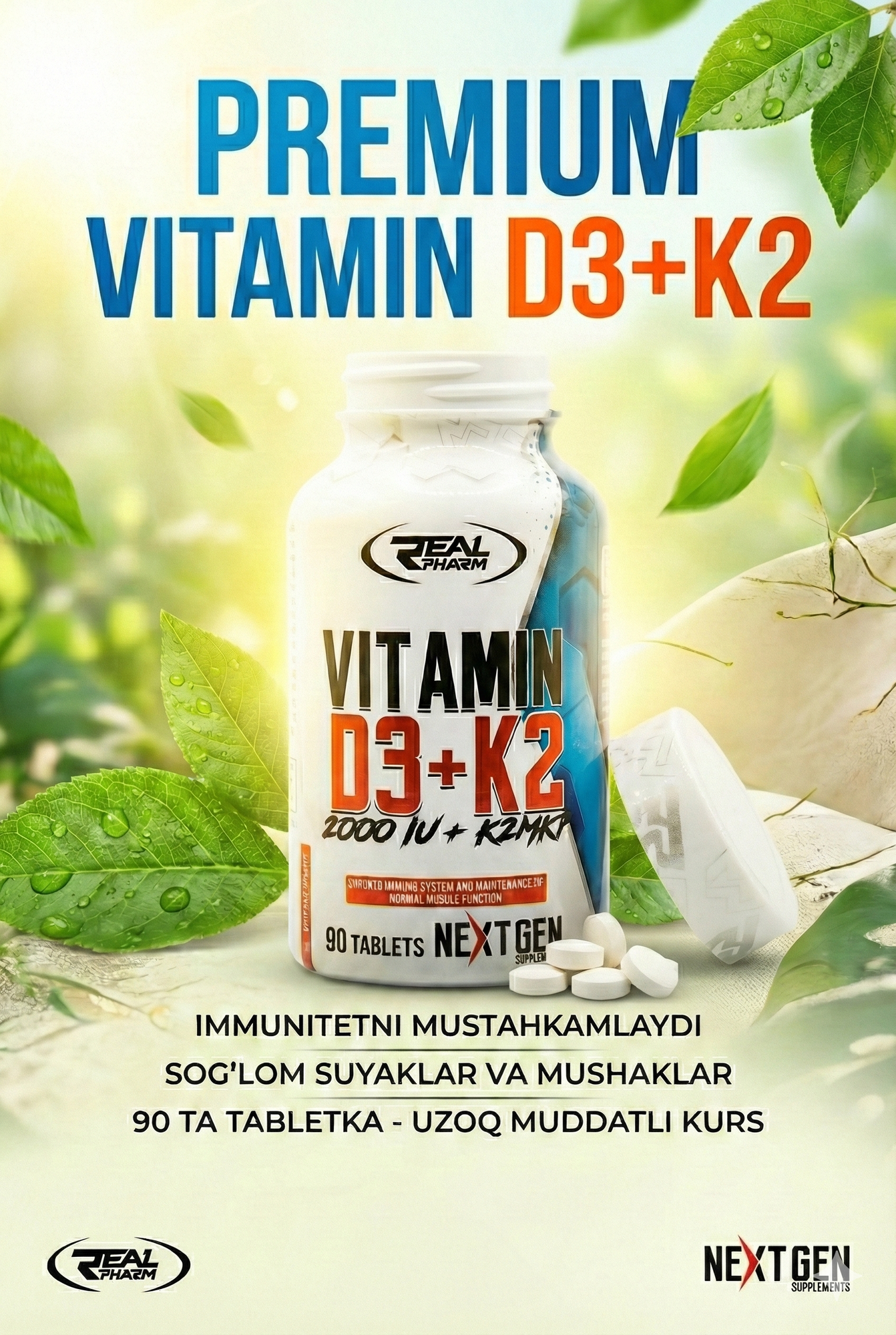 REAL PHARM VITAMIN D3 + K2 90 TABS — комплекс витаминов для укрепления костей и поддержки сердца.