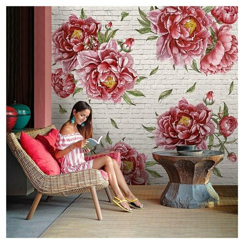фото Фотообои розовые пионы на белой кирпичной стене/ красивые уютные обои на стену в интерьер комнаты/ 3д расширяющие пространство/ на кухню в спальню детскую зал гостиную прихожую/ размер 300х270см/ флизелиновые топ фотообои,топ фотообои