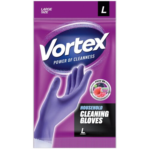 фото Vortex перчатки латексные универсальные с провитамином и ароматом лесных ягод для уборки, фиолетовые, 1 пара, l