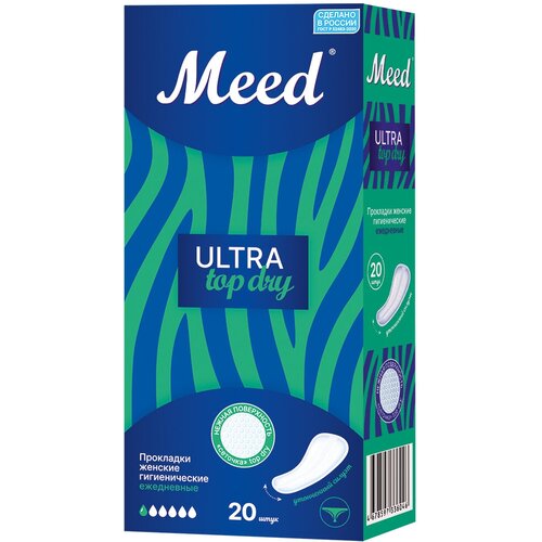 ultra top Женские прокладки MEED Ultra Top Dry (20 шт.), гигиенические, ежедневные, усеченные, ультратонкие, 1 капля