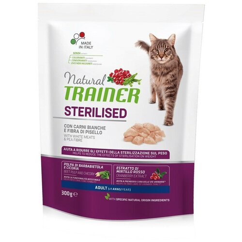 Корм сухой NATURAL TRAINER CAT STERILISED ADULT WITH WHITE MEATS AND PEA FIBRE с белым мясом и клетчаткой гороха для взрослых стерилизованных, 300 г