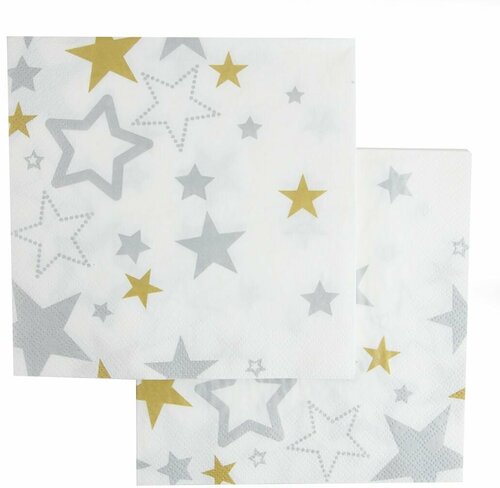 Салфетки бумажные, Сверкающие звезды, Белый, 33*33 см, 20 шт.