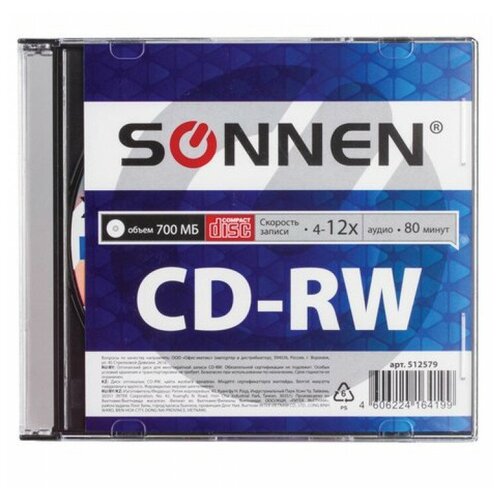 фото Диск cd-rw sonnen, 700 mb, 4-12x, slim case (1 штука), 512579