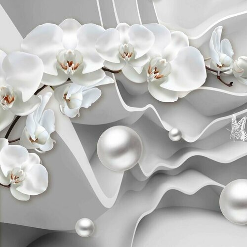 Моющиеся виниловые фотообои Орхидея и бусы монохром 3D, 300х300 см
