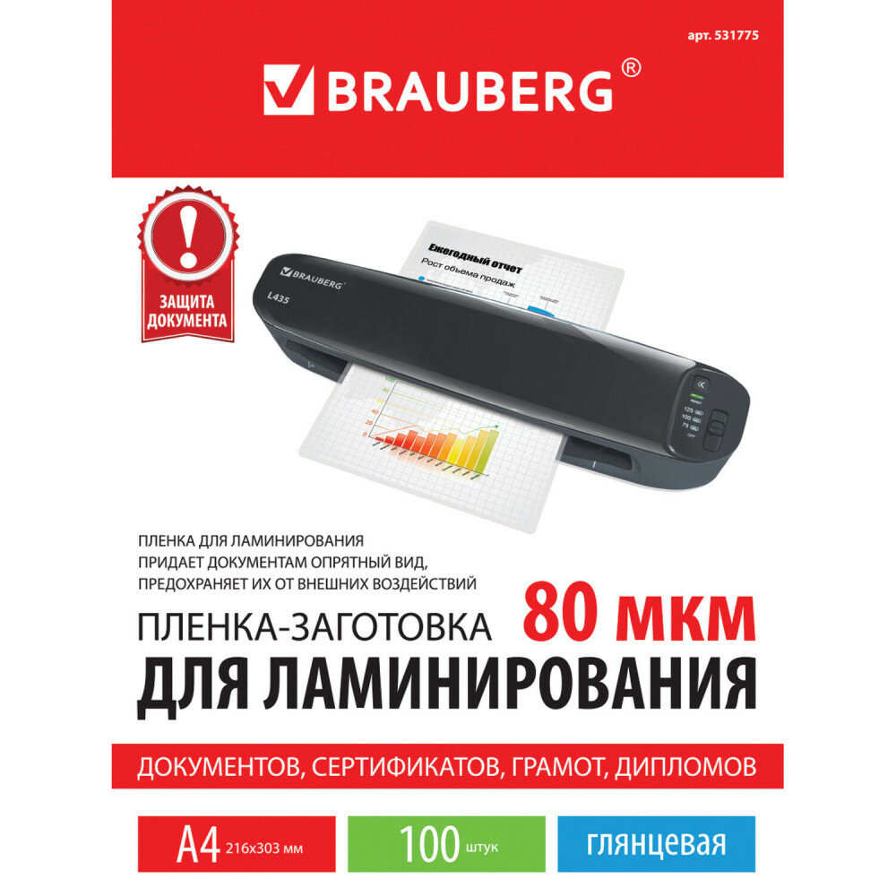 Пакетная пленка для ламинирования BRAUBERG Пленки-заготовки 216х303 80 мкм 531775