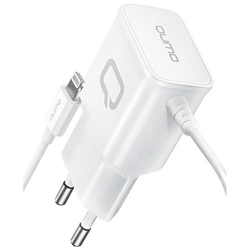 Сетевое зарядное устройство Qumo Energy (Charger 0026) 2.1 A, встроенный кабель Lightning 8 Pin, белый сетевое зарядное устройство borofone ba48a orion 1xusb 2 1а кабель lightning 8 pin 1м белый