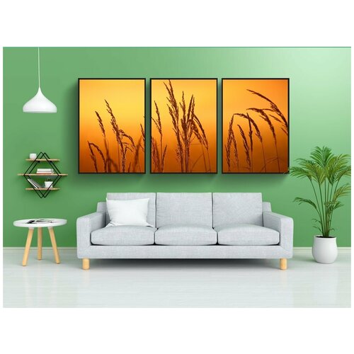 фото Набор модулных постеров для интерьера "камышовая трава, завод, восход солнца" 60x90 см. в тубусе, без рамки lotsprints