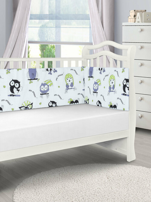 Бортики в детскую кроватку для новорожденных FunEcotex. Бортик для кроватки 120х60 Совушки белый