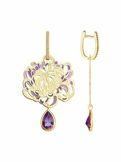 Серьги DS Jewelry, серебро, 925 проба, родирование, аметист синтетический, эмаль, фианит, фиолетовый