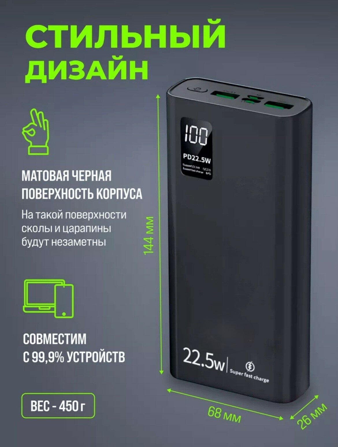 Внешний аккумулятор Power Bank повербанк 20000 mah с быстрой зарядкой 22.5W — фото 1
