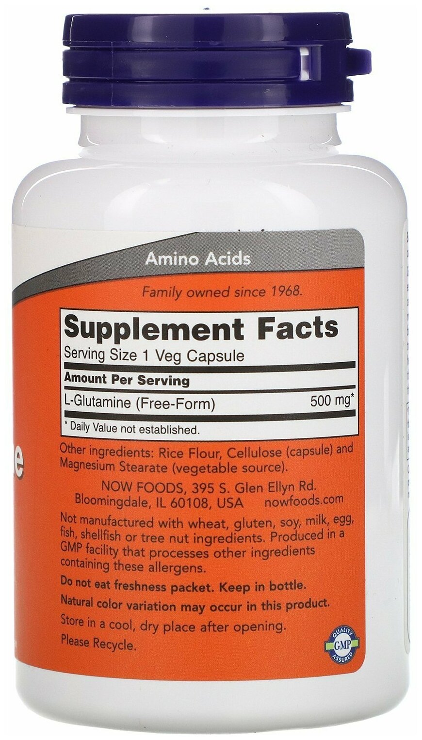 Изображение NOW L-Glutamine, Глютамин 500мг, 120vcaps, пищевая добавка, без вкуса, США
