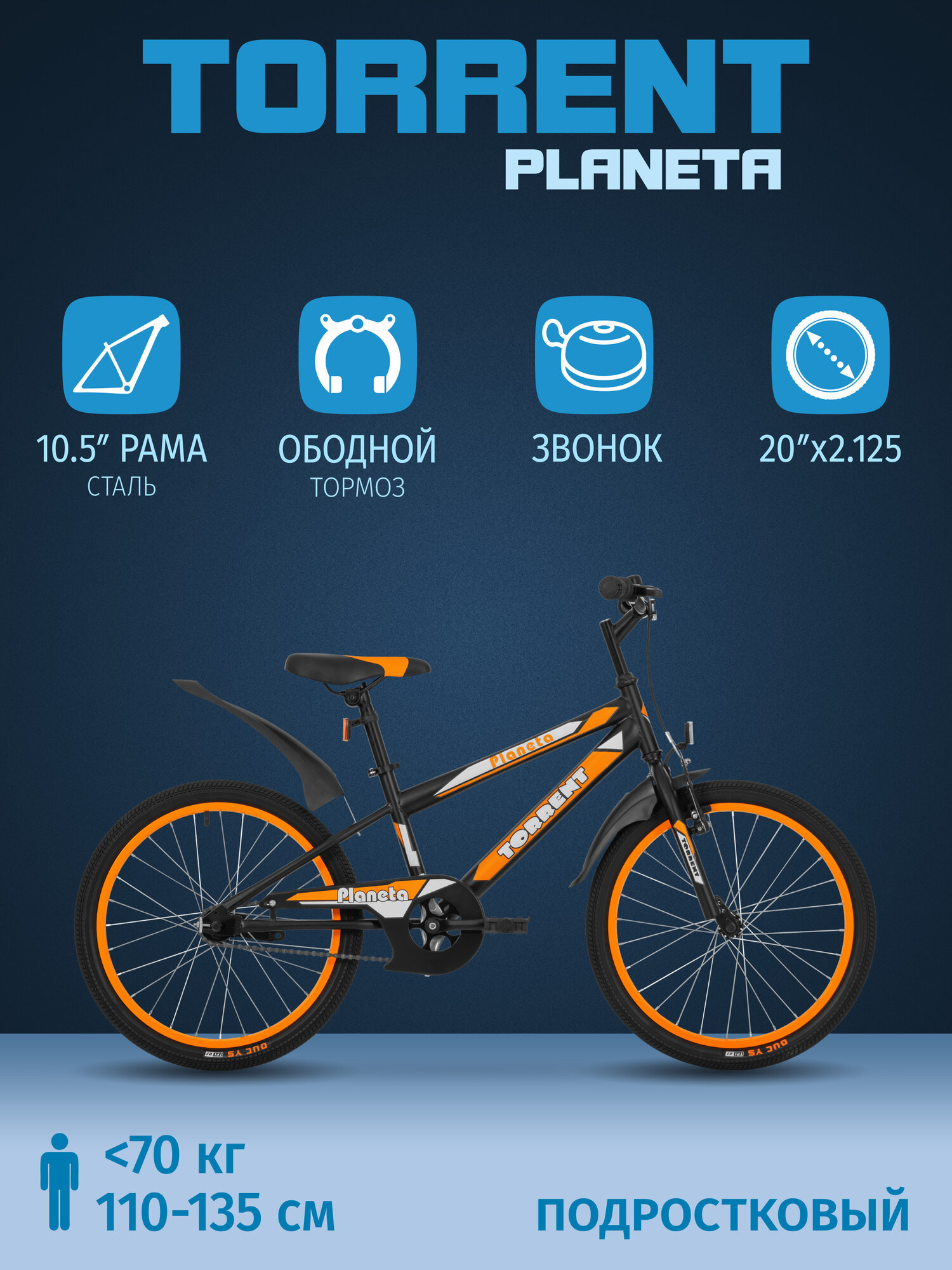 Детский велосипед TORRENT Planeta (дорожный, 1 скорость, рама сталь, колеса 20")
