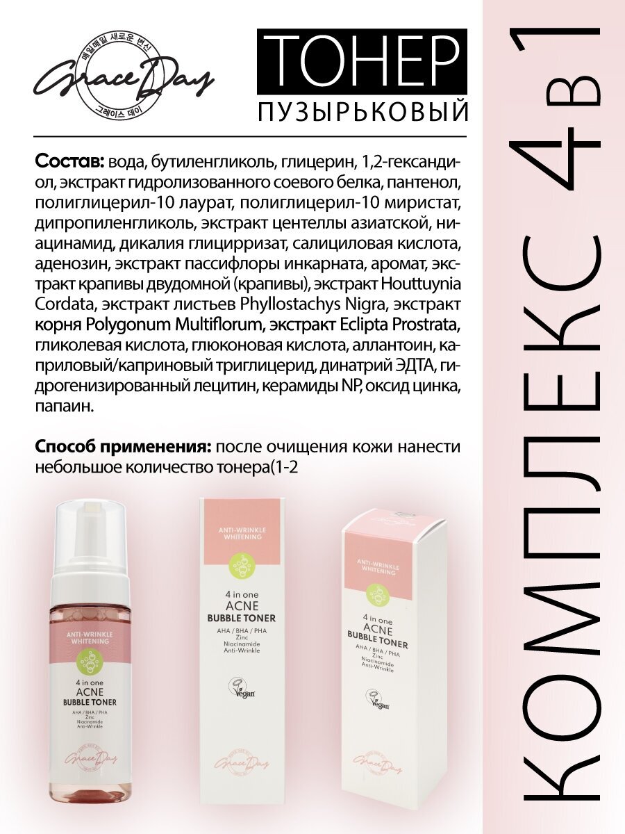 Grace Day Пузырьковый тонер против прыщей 4 in one acne bubble toner, 150мл - фотография № 5