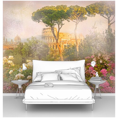Фотообои на стену первое ателье Туманное утро в саду с видом на античный город 400х310 см ШхВ флизелиновые Premium 8626₽