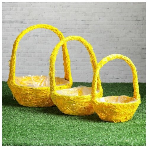 фото Набор корзин «солнышко», 3 шт, 25×10/32 см, 20×9/28 см, 17×8/23 см, ротанг, сизаль qwen