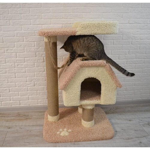 Игровой комплекс с домиком и лежанками из ковролина , когтеточка , дом для кошки , высота 90 см , цвет белый и кремовый