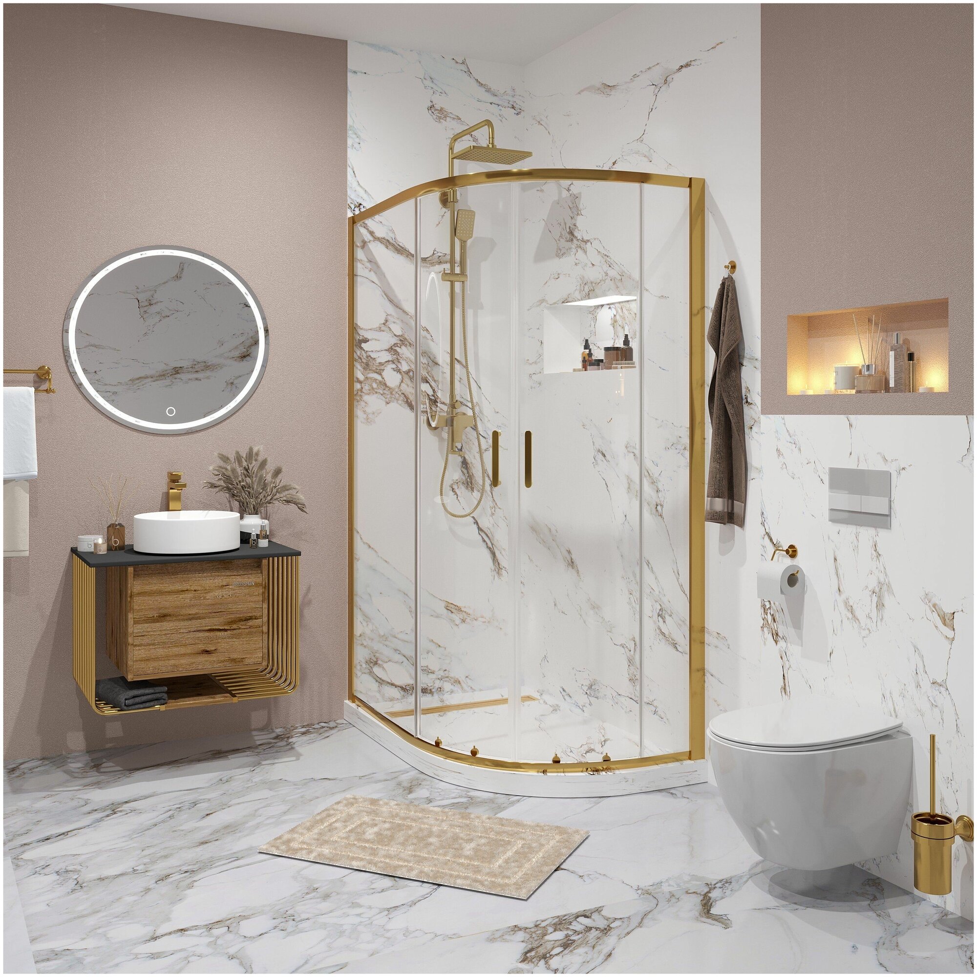 фото Душевое ограждение NG-6421-08 GOLD (120*80*190) полукруг, двери раздвижные