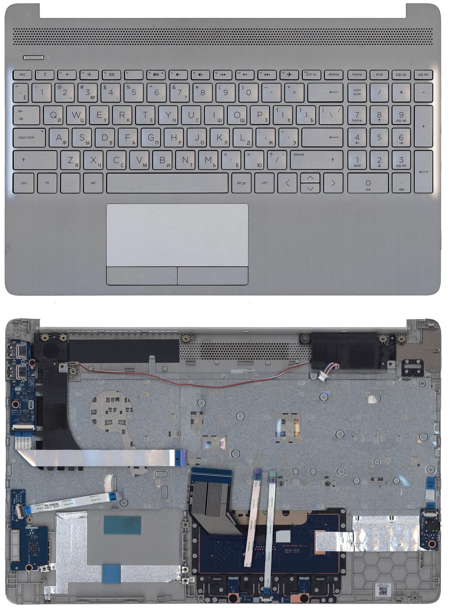 Клавиатура (топ-панель) для ноутбука HP 15-DW серая с серебристым топкейсом (с разбора)