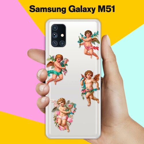 чехол книжка на samsung galaxy m51 самсунг м51 c принтом сине розовый мрамор черный Силиконовый чехол Ангелочки на Samsung Galaxy M51