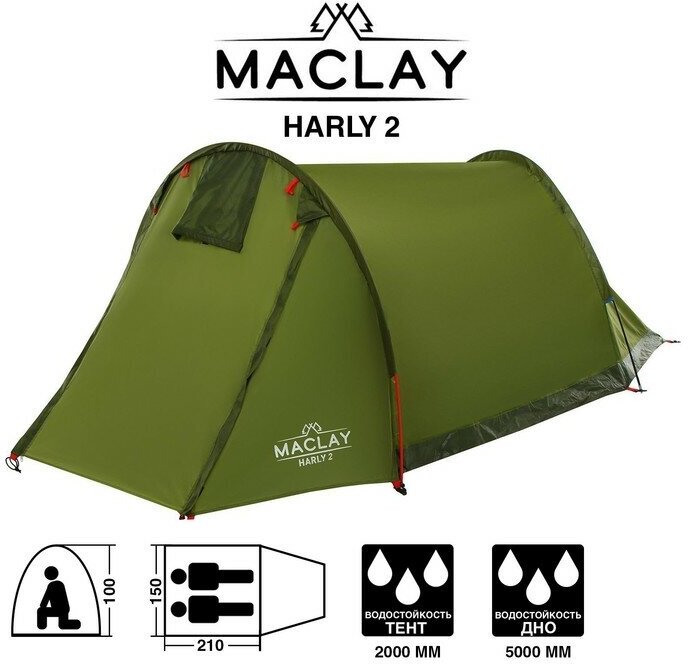 Палатка туристическая Maclay HARLY 2, р. 210х150х100 см, 2-местная, однослойная