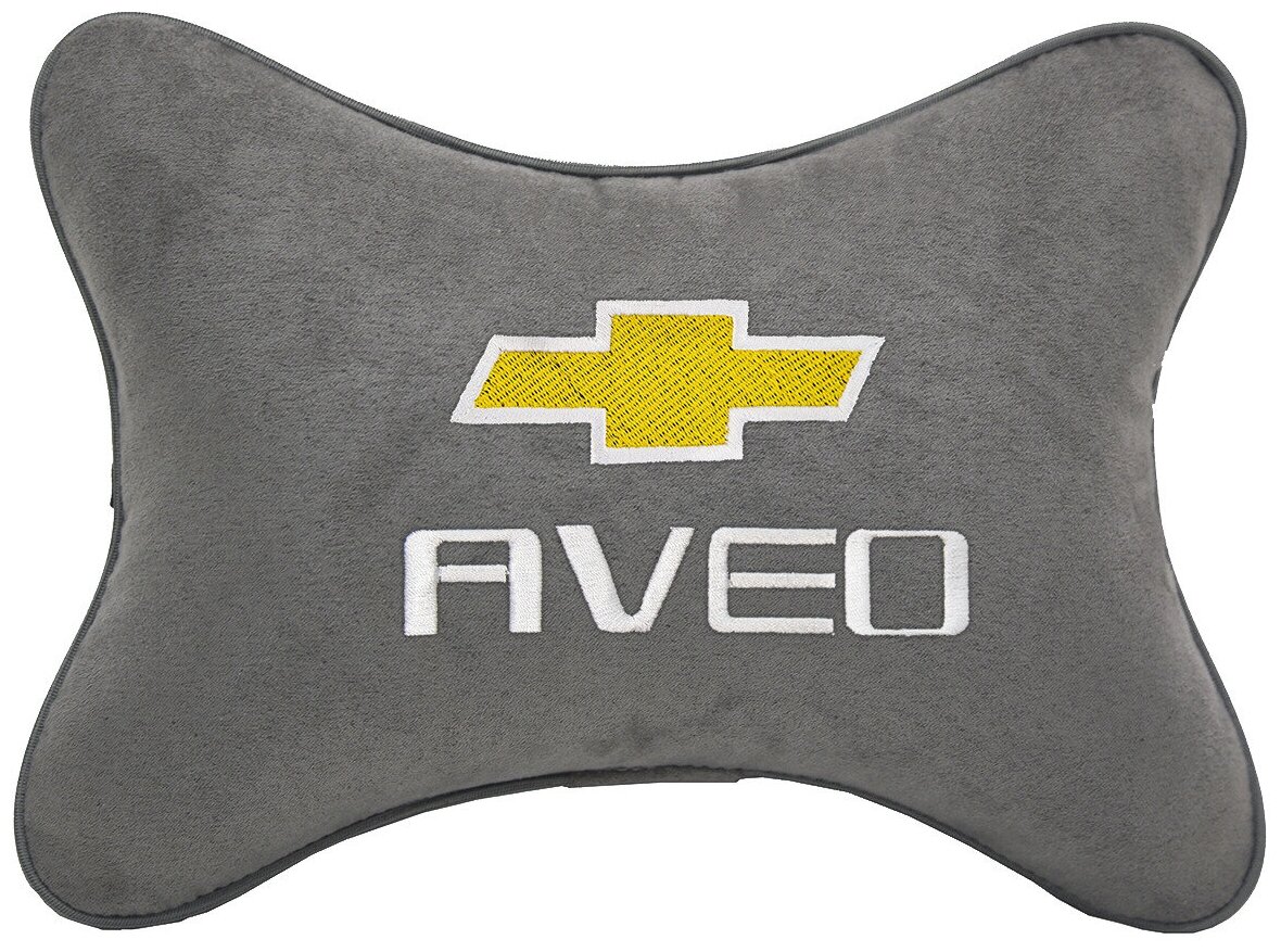 Автомобильная подушка на подголовник алькантара L.Grey с логотипом автомобиля CHEVROLET Aveo