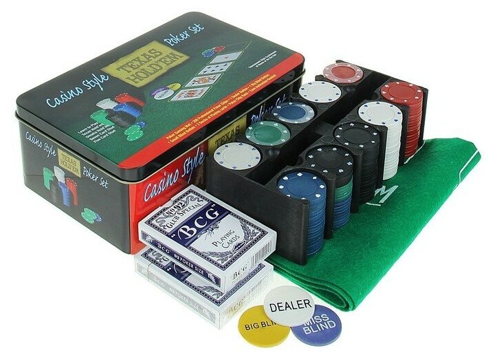 Покер, набор для игры (карты 2 колоды, фишки 200 шт.), без номинала, 60 х 90 см, микс