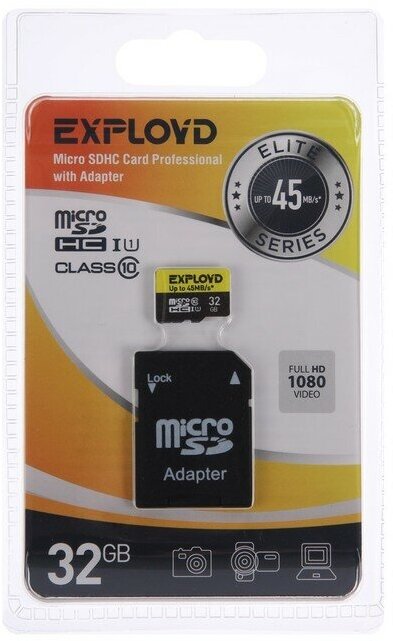 Карта памяти Eхployd MicroSD, 32 Гб, SDHC, UHS-1, класс 10, 45 Мб/с, с адаптером SD