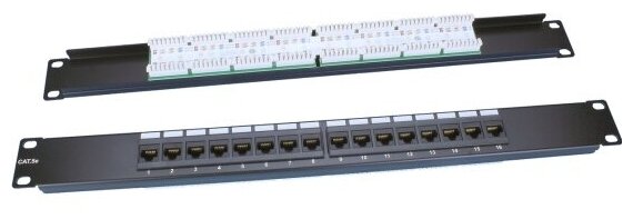 Патч-панель Hyperline 19", 16 портов RJ-45, категория 5e, UTP, 1U, Dual IDC, ROHS, цвет черный PP3-19-16-8P8C-C5e-110D