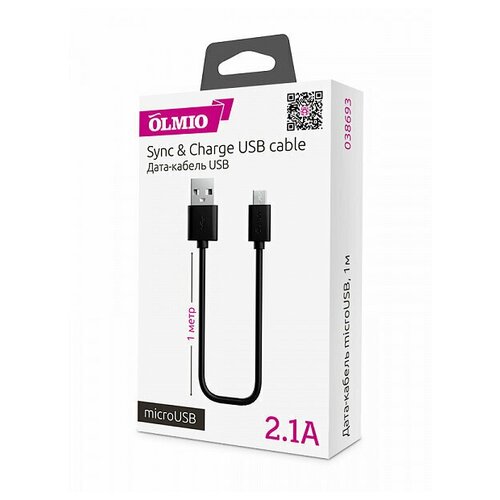 Кабель USB Olmio USB 2.0 - microUSB, 2м, 2.1A, черный (ПР038660) кабель usb olmio usb 2 0 microusb 2м 2 1a черный пр038660