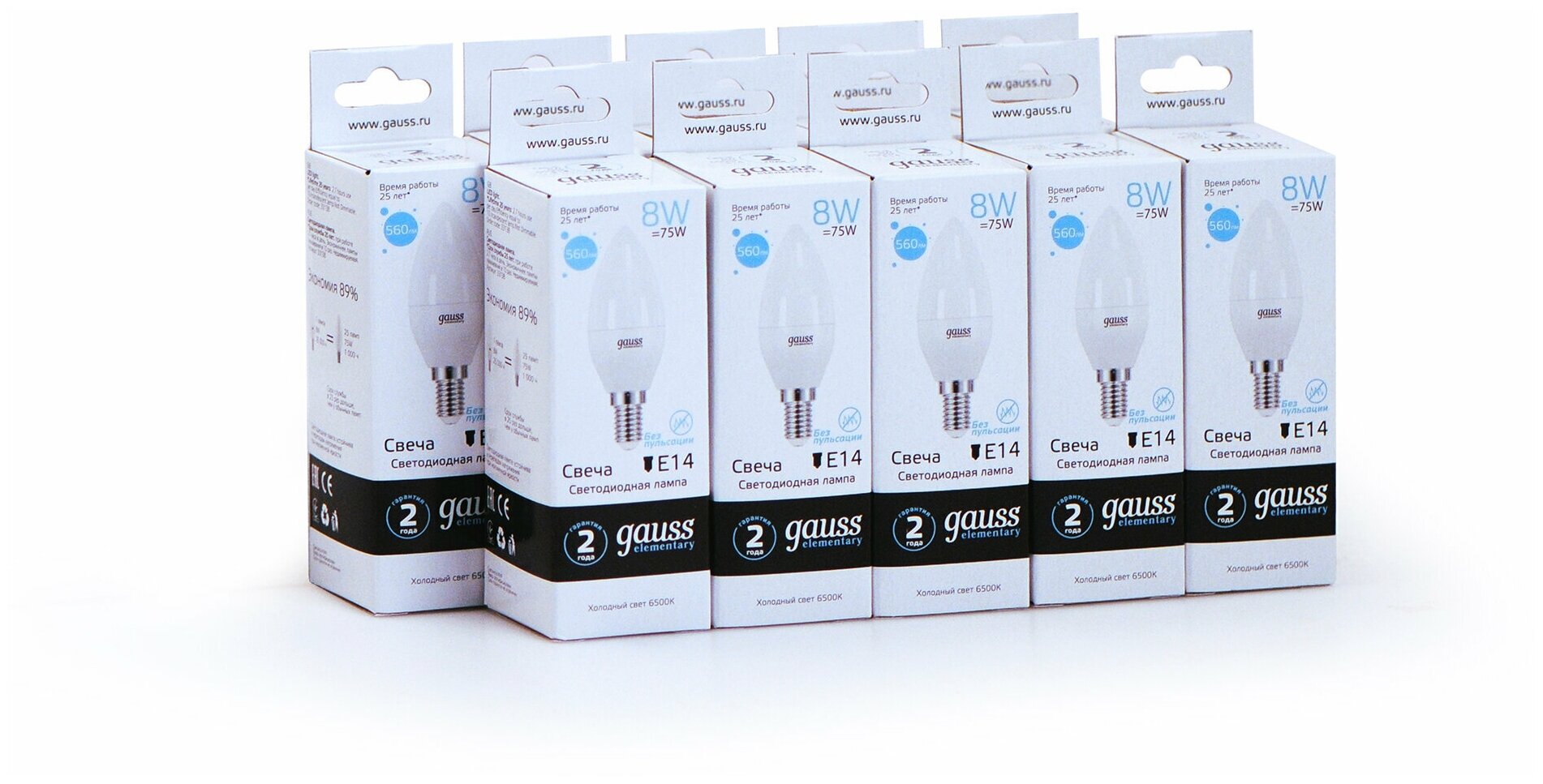 фото Упаковка ламп 10 штук Gauss LED Elementary Свеча 8W E14 560lm 6500K 1/10/100