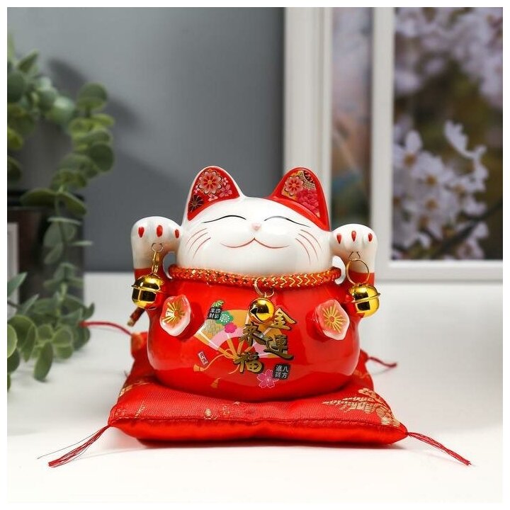 Сувенир керамика копилка "Красный кот Манэки-нэко с колокольчиками" 11,5х11,5х9,5 см 5150312