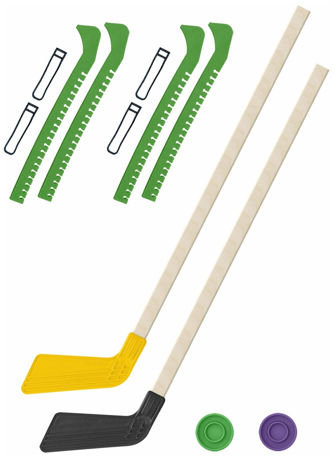 Детский хоккейный набор для игр на улице Клюшка хоккейная детская 2 шт жёлтая и чёрная 80 см.+2 шайбы + Чехлы для коньков зеленые - 2 шт. Винтер