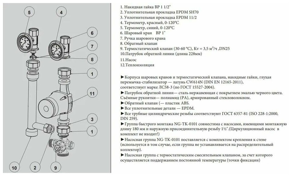 Насосная группа быстрого монтажа с трёхходовым термостатическимесительным клапаном без насоса ZEISSLER NG-TK-0101