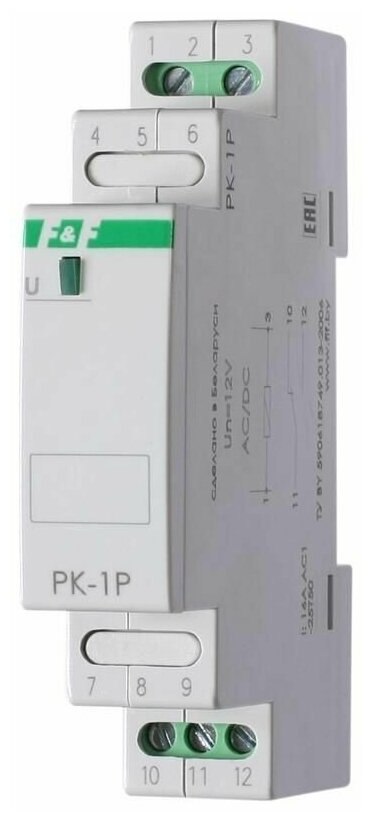 Реле промежуточное PK-1P/Un (монтаж на DIN-рейке 35мм 24В AC/DC 16А 1P IP20) F&F EA06.001.003