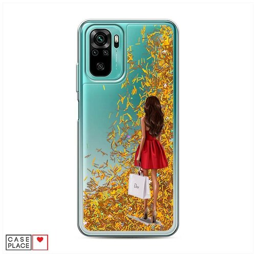 фото Чехол жидкий с блестками xiaomi redmi note 10 девушка в красном мини-платье case place