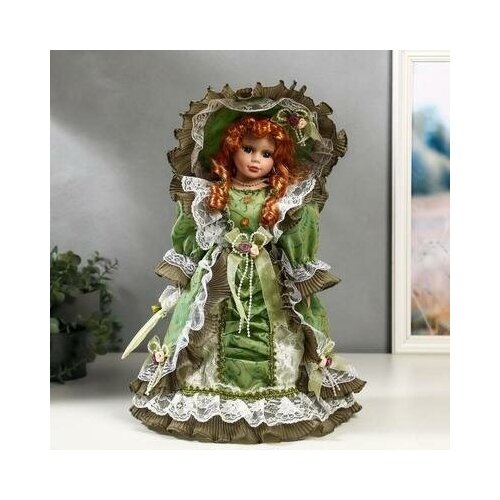 Кукла коллекционная керамика Леди Джулия в оливковом платье с кружевом 40 см 4822732 . кукла коллекционная керамика блондинка с кудрями зелёный наряд 40 см