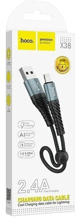 Кабель HOCO X38 Cool USB на Lightning (iPhone, iPad, Airpods), 2.4A, 0.25 метров черный с серым, для быстрой зарядки гаджетов Apple и передачи данных