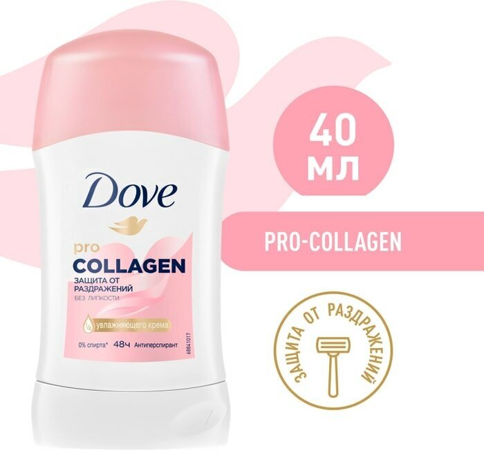 Антиперспирант-карандаш Dove защита от раздражений без липкости с Pro-collagen комплекс 40мл